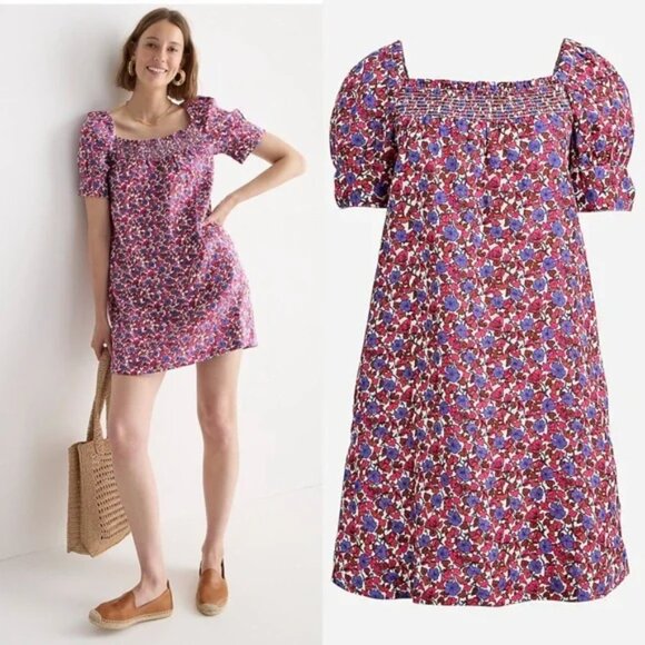 J. Crew Afternoon Mini Dress Medium Berry Floral Linen Smocked BR439 Summer - Picture 1 of 14